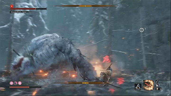 It is important to dodge the Guardian Apes attacks that are marked with a red icon - Guardian Ape in Sunken Valley | Sekiro Shadows Die Twice Boss Fight - Bosses - Sekiro Guide and Walkthrough