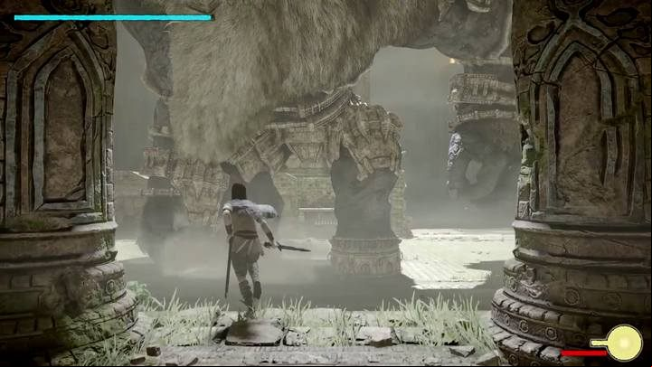 Hide below the temple and shoot at your opponent to get its attention - Colossus 6 - Barba | Shadow of the Colossus Walkthrough - Walkthrough - Shadow of the Colossus Game Guide
