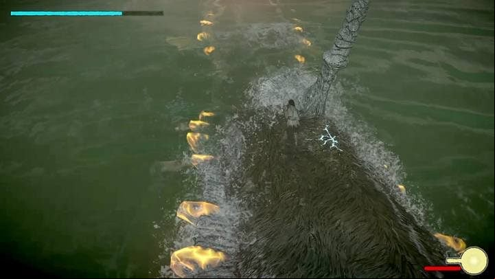 The spikes stop glowing when you deal damage to the vital areas in front of them - Colossus 7 - Hydrus | Shadow of the Colossus Walkthrough - Walkthrough - Shadow of the Colossus Game Guide