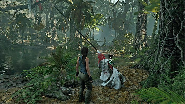 Get back to the Surface and use the knife to try and cut the rope shown above - Retrieving the knife and bow in Peruvian Jungle - Rough Landing - Peruvian Jungle - Shadow of the Tomb Raider Game Guide