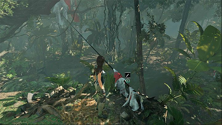 Cutting the first rope wont do the trick - theres another one that needs cutting - Retrieving the knife and bow in Peruvian Jungle - Rough Landing - Peruvian Jungle - Shadow of the Tomb Raider Game Guide