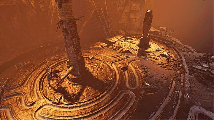 Go back to the lever and set the grooves in a way that will allow the flammable substance to pour through - Completing the Trial of the Serpent in Shadow of the Tomb Raider - Solving Riddles - Shadow of the Tomb Raider Game Guide