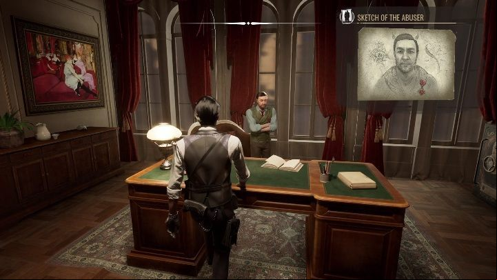 There is a man sitting alone by his desk, wearing a blue shirt and a green vest, which will help you locate him - Sherlock Holmes Chapter One: Short Temper - trophy, how to get? - Trophy Guide - Sherlock Holmes Chapter One Guide
