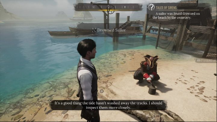 Now find and examine the footprints along the shore - they look like somebody dragged the body - Sherlock Holmes Chapter One Other Cases: Siren Song - walkthrough, solution - Other matters - Sherlock Holmes Chapter One Guide