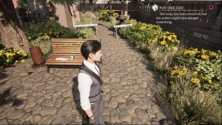 There are a few objects to be examined - start with bench marked with 3 - Sherlock Holmes Chapter One Other Cases: Siren Song - walkthrough, solution - Other matters - Sherlock Holmes Chapter One Guide