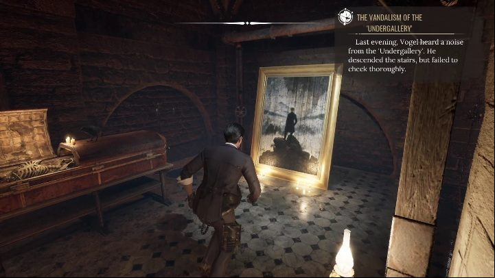 The first painting you need to examine is right next to the coffin - Sherlock Holmes Chapter One: The Muse From Abroad, Art Gallery - walkthrough - Muse from abroad - Sherlock Holmes Chapter One Guide