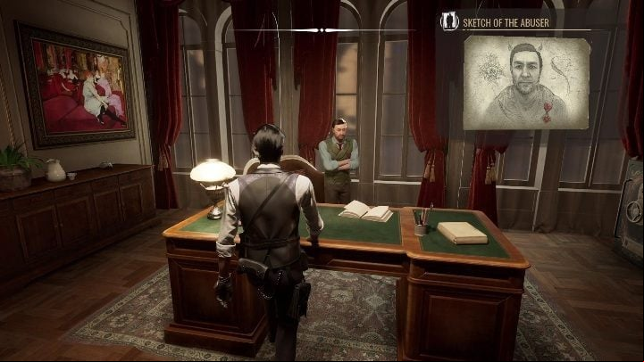 There is a man sitting alone by his desk, wearing a blue shirt and a green vest, which will help you locate him - Sherlock Holmes Chapter One: The Muse from Abroad, Norton and Bernadotti - walkthrough, solution - The Muse From Abroad - Sherlock Holmes Chapter One Guide