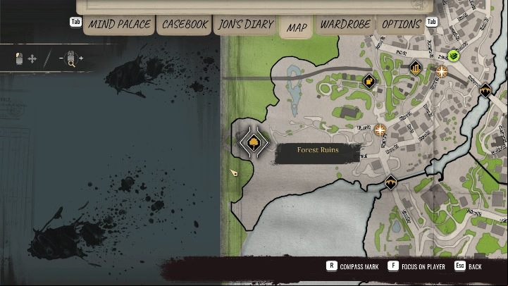 The case happened in the Forest Ruins, behind the cemetery - Sherlock Holmes Chapter One: The Scapegoat - walkthrough - Police cases - Sherlock Holmes Chapter One Guide