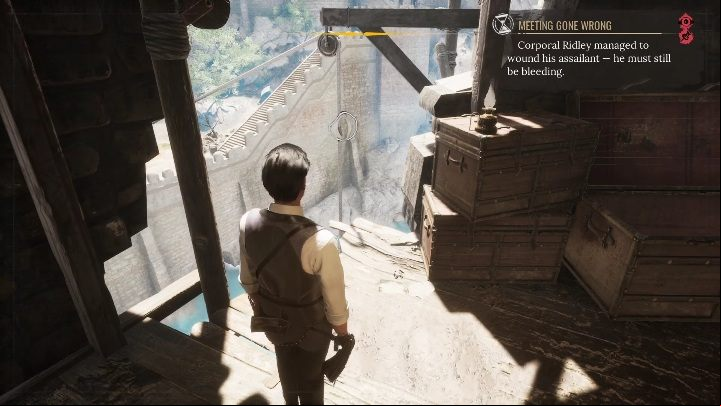 After the successful reconstruction, start tracking the new objective (shown in the screenshot above) and investigate the rope that makes it possible to descend down - Sherlock Holmes Chapter One: Love, Death, and Cordona - walkthrough, solution - Mycroft Cases - Sherlock Holmes Chapter One Guide