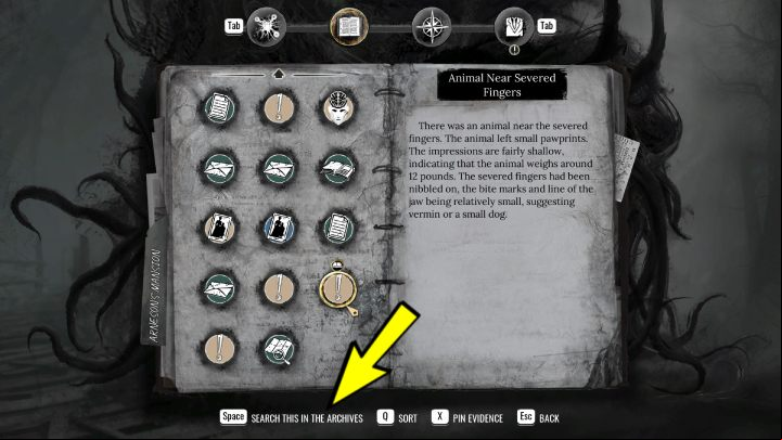 Open the Casebook and mark the Animal Near Severed Fingers evidence - Sherlock Holmes The Awakened: Arnesons Mansion - Chapter 5 - Arnesons Mansion - Sherlock Holmes The Awakened Walkthrough
