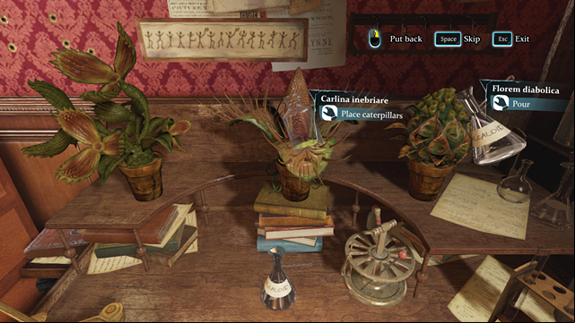 First, pour some alkaloid on Florem diabolica to make it open and put a caterpillar on Carlina Inebriare - Set up the alkaloid from a chemical laboratory and the caterpillars and perform the experiment with the deadly plants - The Kew Gardens Drama - Sherlock Holmes: Crimes and Punishments - Game Guide and Walkthrough