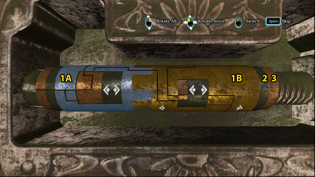 Switch (2 clicks) to nr 1A and rotate it so that the horizontal line on its edge matches the ones on nr 2 and 3 - Find and examine the secret lock at Notting Hill Manor - A Half Moon Walk - Sherlock Holmes: Crimes and Punishments - Game Guide and Walkthrough