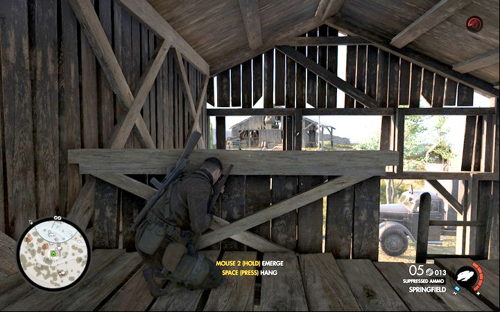 The upper part of the barn is a perfect place to take down the officer from the other building - Eliminating the officers | Mission 1 San Celini Island in Sniper Elite 4 - Mission 1: San Celini Island - Sniper Elite 4 Game Guide