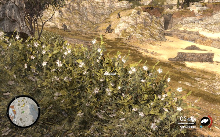 Hide in the bushes and fire at the blue truck by the wall - Obtaining the sniper reports | Mission 2 Bitanti Village in Sniper Elite 4 - Mission 2: Bitanti Village - Sniper Elite 4 Game Guide