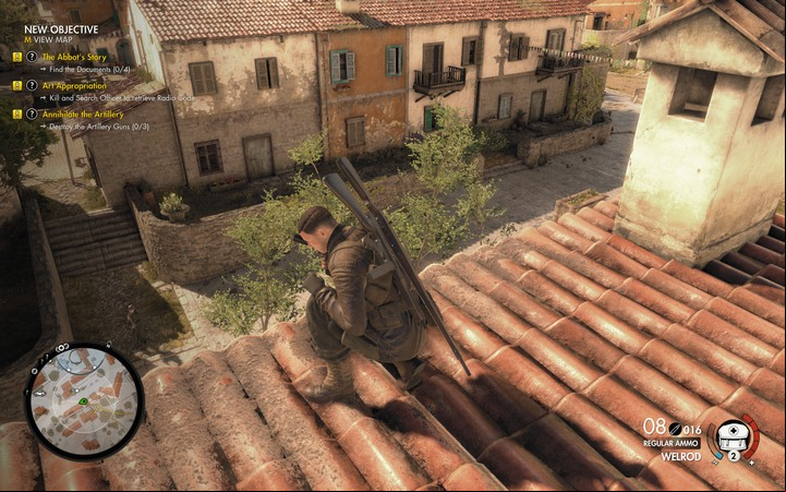 to go down from the roofs to balconies or lower roofs - The first document and radio codes | Mission 5 Abrunza Monastery - Mission 5: Abrunza Monastery - Sniper Elite 4 Game Guide