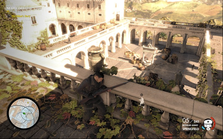 Be careful when you look over the balustrade - someone can notice you and you dont want this to happen... - Capo and the last two documents | Mission 5 Abrunza Monastery in Sniper Elite 4 - Mission 5: Abrunza Monastery - Sniper Elite 4 Game Guide
