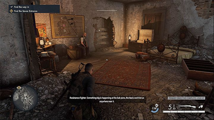 The initial journey through the destroyed city is linear, but ultimately you have to go through a building with a resistance member from whom you will learn about the sewers - Sniper Elite 5: Infiltrating the U-boot base (Mission 8) - walkthrough - Mission 8 - Rubble and ruins - Sniper Elite 5 Guide, Walkthrough