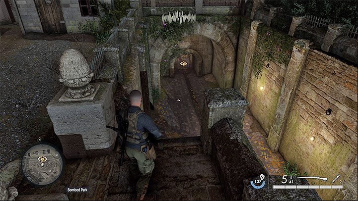 Your task is to locate the entrance to the sewers - it is shown in the pictures above and it is in the northern part of the park - Sniper Elite 5: Infiltrating the U-boot base (Mission 8) - walkthrough - Mission 8 - Rubble and ruins - Sniper Elite 5 Guide, Walkthrough