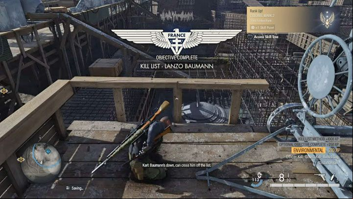 The last step is to throw the body over the railing - Baumann should "land" in the poured concrete below and be "buried" in it immediately - Sniper Elite 5: Kill List Target from mission 5: Lanzo Baumann - walkthrough - Mission 5 - Festung Guernsey - Sniper Elite 5 Guide, Walkthrough