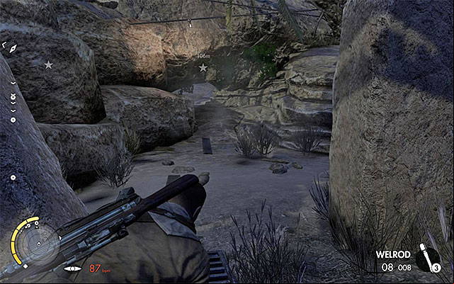 A narrow age, requiring you to lie on the ground. - Eliminating the second enemy officer - Mission 2 - Gaberoun - Sniper Elite III: Afrika - Game Guide and Walkthrough
