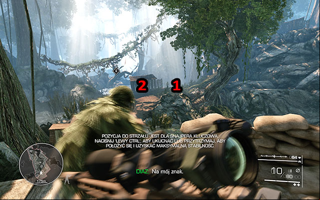 After the game begins, wait for you companion - Diaz - to eliminate the first enemy, swim and climb onto the platform - Follow Diaz and eliminate the marked enemies - Act 1 - Communication Breakdown - Sniper: Ghost Warrior 2 - Game Guide and Walkthrough