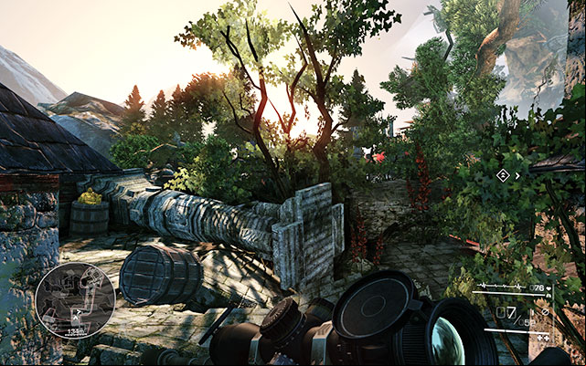 On a barrel on the left side, beside a fallen pillar, after you blow up the barrels at the tower where Maddox is - No Loose Ends - Secrets - act 3 - Sniper: Ghost Warrior 2 - Game Guide and Walkthrough