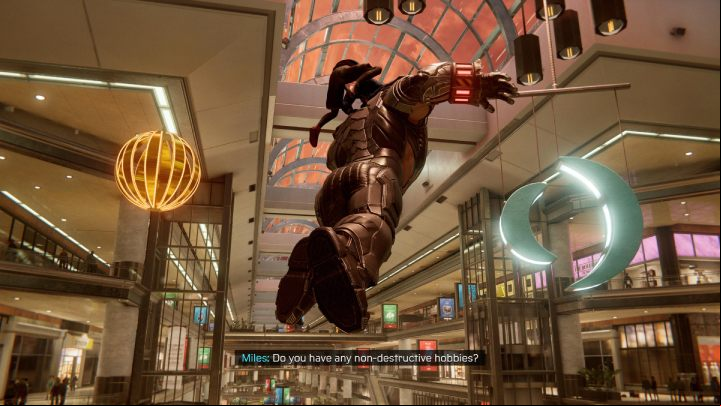 In one of the main missions, when Miles is chasing Rhino around the mall, the Insomniac Games logo hangs from the ceiling as a light installation - Spider-Man Miles Morales: Easter Eggs - list - Basics - Spider-Man Miles Morales Guide