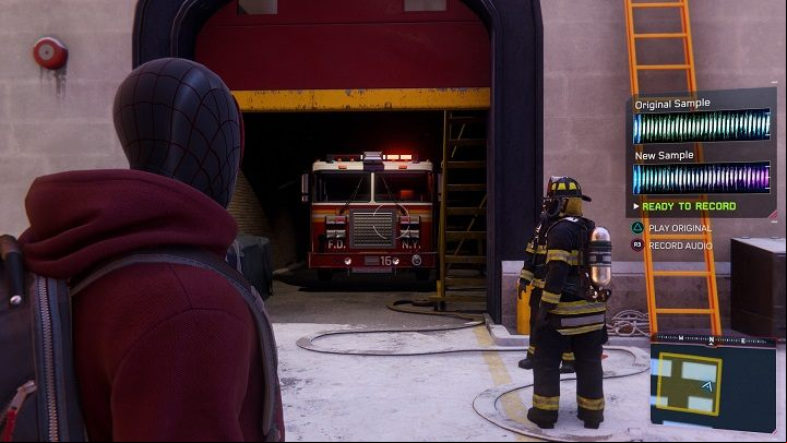In the Upper West Side the sound comes from a fire engine in a garage with an open gate - Spider-Man Miles Morales: Sound samples - all locations, list - Collectibles - Spider-Man Miles Morales Guide