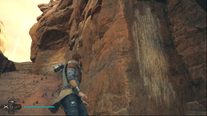 Turn to the left and you will notice vertical walls to climb - bounce off between them - Jedi Survivor: Ruins Landing Site on Jedha puzzle - Puzzles - Star Wars Jedi Survivor guide
