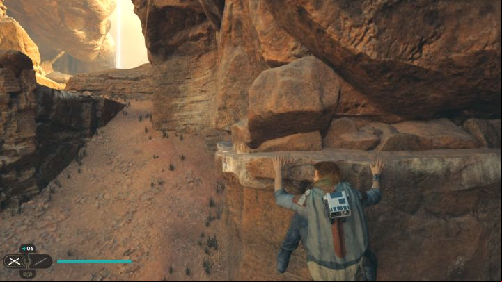 At the top, grab the edge and move to the left while hanging down - Jedi Survivor: Ruins Landing Site on Jedha puzzle - Puzzles - Star Wars Jedi Survivor guide