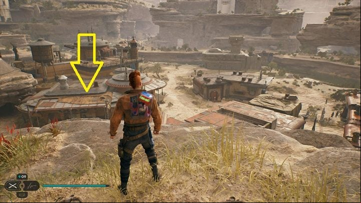 Go to the flying animal nearby and use it to fly to the rooftops shown above - Jedi Survivor: Ramblers Reach Outpost - list of secrets (part 1) - Koboh - Star Wars Jedi Survivor guide