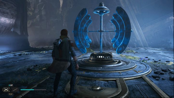 In the first part of the room, use the Force on the rotating mechanism in the screenshot - Jedi Survivor: Orb coupler puzzles in the Devastated Settlement - Puzzles - Star Wars Jedi Survivor guide