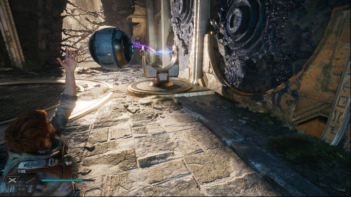 You can now take the orb, walk with it past the crate blocking the door and place it in the orb amplifier shown in the screenshot - Jedi Survivor: Orb coupler puzzles in the Devastated Settlement - Puzzles - Star Wars Jedi Survivor guide