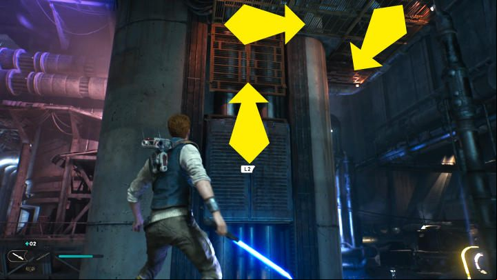 Use Force Pull, jump over the bars and continue to the right - Star Wars Jedi Survivor: Coruscant - walkthrough - Walkthorugh - Star Wars Jedi Survivor guide