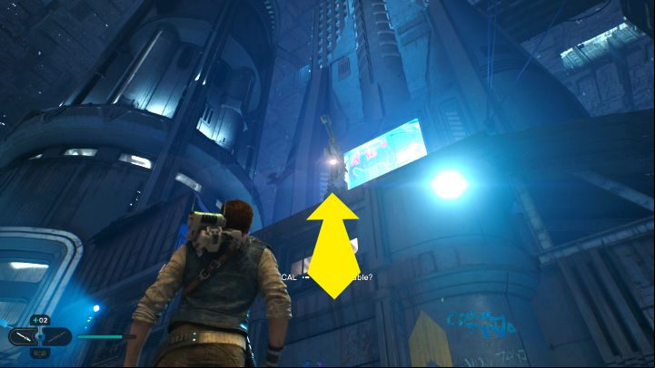 Have Bode cut the zipline at the top and then climb it to the upper floor - Star Wars Jedi Survivor: Coruscant - walkthrough - Walkthorugh - Star Wars Jedi Survivor guide
