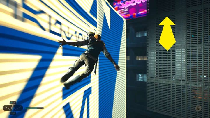 Jump up and grab onto the bars to get to the next roof, then run across the curved billboard - jump near its end to grab onto the bars - Star Wars Jedi Survivor: Coruscant - walkthrough - Walkthorugh - Star Wars Jedi Survivor guide