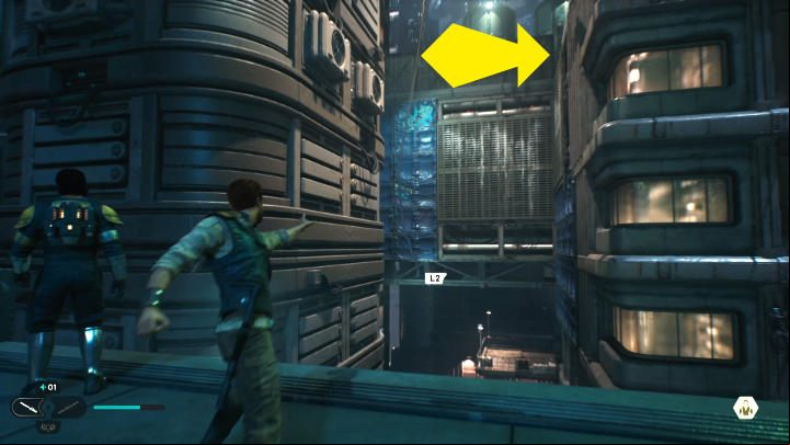 Cut the rope, then use Force Pull on it to jump to the other side, grabbing the bars - Star Wars Jedi Survivor: Coruscant - walkthrough - Walkthorugh - Star Wars Jedi Survivor guide
