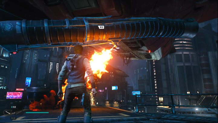 Use Force Push on the pipe to get the obstacle out of the way and wait for the crew to lower the ship a bit - Star Wars Jedi Survivor: Coruscant - walkthrough - Walkthorugh - Star Wars Jedi Survivor guide