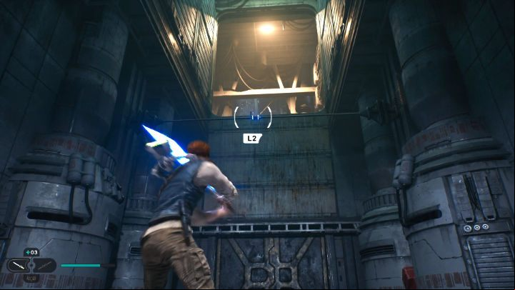 Go through the door, use the Ascension Cable on the grab point, then jump towards the wall and bounce off it to jump to the higher level of the location - Star Wars Jedi Survivor: Coruscant - walkthrough - Walkthorugh - Star Wars Jedi Survivor guide