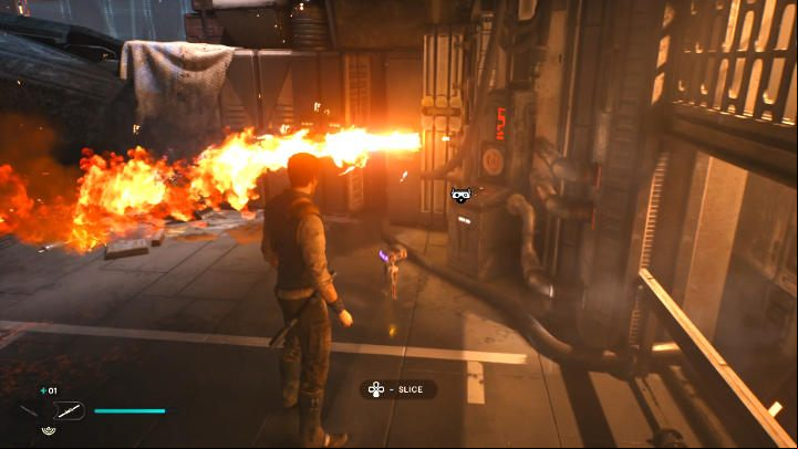 Ask BD-1 to extinguish the flames and open a age to the next part of the location - Star Wars Jedi Survivor: Coruscant - walkthrough - Walkthorugh - Star Wars Jedi Survivor guide