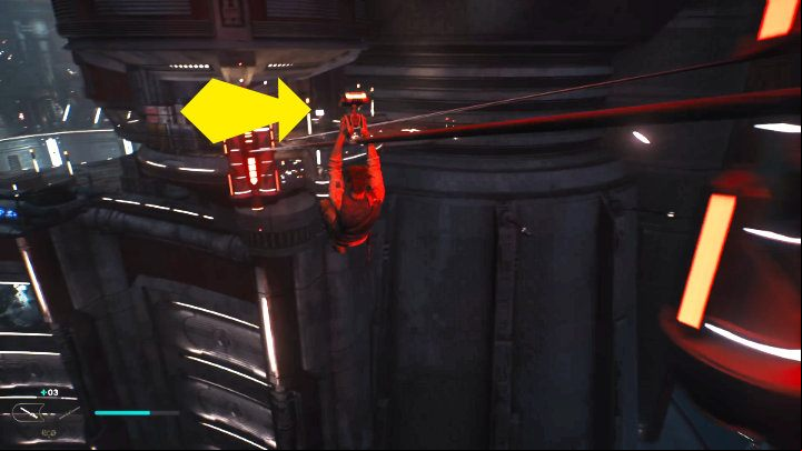 Descending the rope, you have to jump at the right moment over to the rope on the right to continue your journey - Star Wars Jedi Survivor: Coruscant - walkthrough - Walkthorugh - Star Wars Jedi Survivor guide