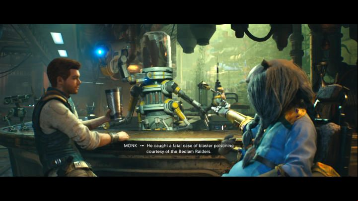 After the battle is over, enter the saloon to trigger a longer cutscene, during which Cal will meet his friend Greez - Star Wars Jedi Survivor: Find Greez - Walkthorugh - Star Wars Jedi Survivor guide