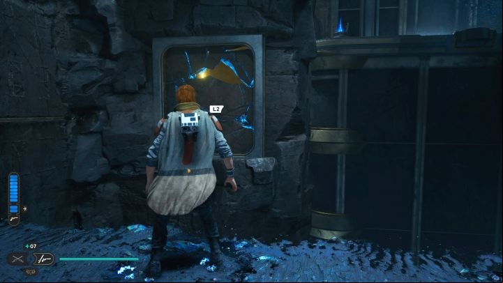 Walk across the black bridge and in the place from the screenshot, use Force Pull to break away a part of the wall - Jedi Survivor: Chamber of Reason on Koboh - Puzzles - Star Wars Jedi Survivor guide
