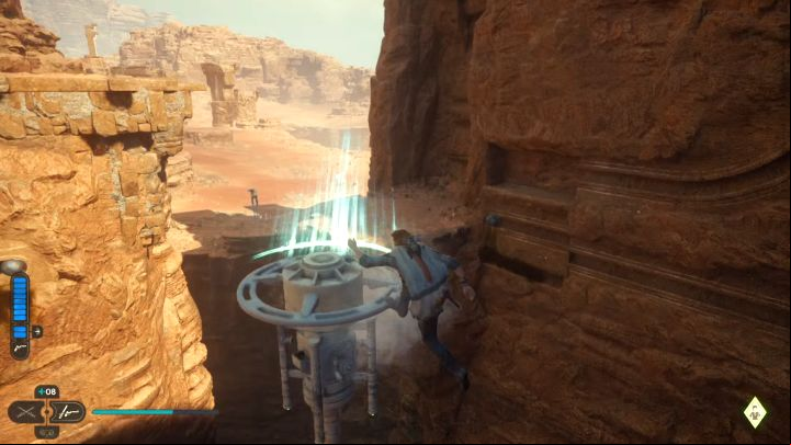 Quickly grab the balloon and propel yourself towards the ledge to which you've pushed the second sphere - Jedi Survivor: Path of Conviction (Jedha) - puzzles - Puzzles - Star Wars Jedi Survivor guide