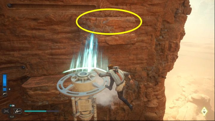 Grab the balloon and propel yourself towards the extended higher ledge (the one that appeared after moving the second sphere) - Jedi Survivor: Path of Conviction (Jedha) - puzzles - Puzzles - Star Wars Jedi Survivor guide