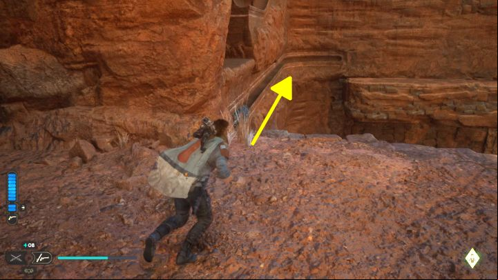Right after safely landing, Force Push the second sphere - it has to follow the path shown in the screenshot - Jedi Survivor: Path of Conviction (Jedha) - puzzles - Puzzles - Star Wars Jedi Survivor guide
