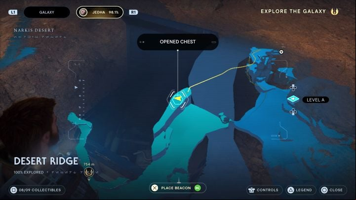 Reaching the last crate is problematic, as it is on a seemingly inaccessible high ledge - as shown in the screenshot - Jedi Survivor: Desert Ridge on Jedha - list of secrets - Jedha - Star Wars Jedi Survivor guide