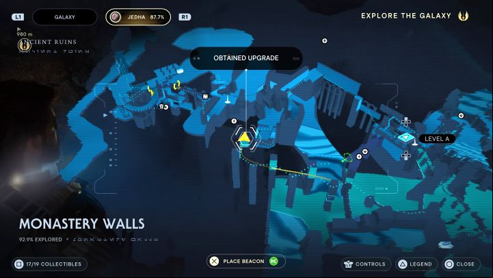 You need to reach the back area of the ruins and accessing this location is possible after a series of wall runs - Jedi Survivor: Monastery Walls on Jedha - list of secrets - Jedha - Star Wars Jedi Survivor guide