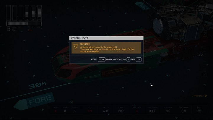 The warnings indicate that the ship is missing something or is too heavy, causing it to lose mobility - Starfield: How to build ships? - Ship - Starfield Guide