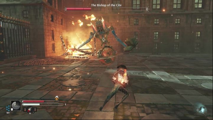 If the opponent's life drops to about 3 bars he will start to move around the area with a fiery trail behind him - Steelrising: The Bishop of the Cite Titan - boss, how to beat? - La Cite - Steelrising Guide, Walkthrough